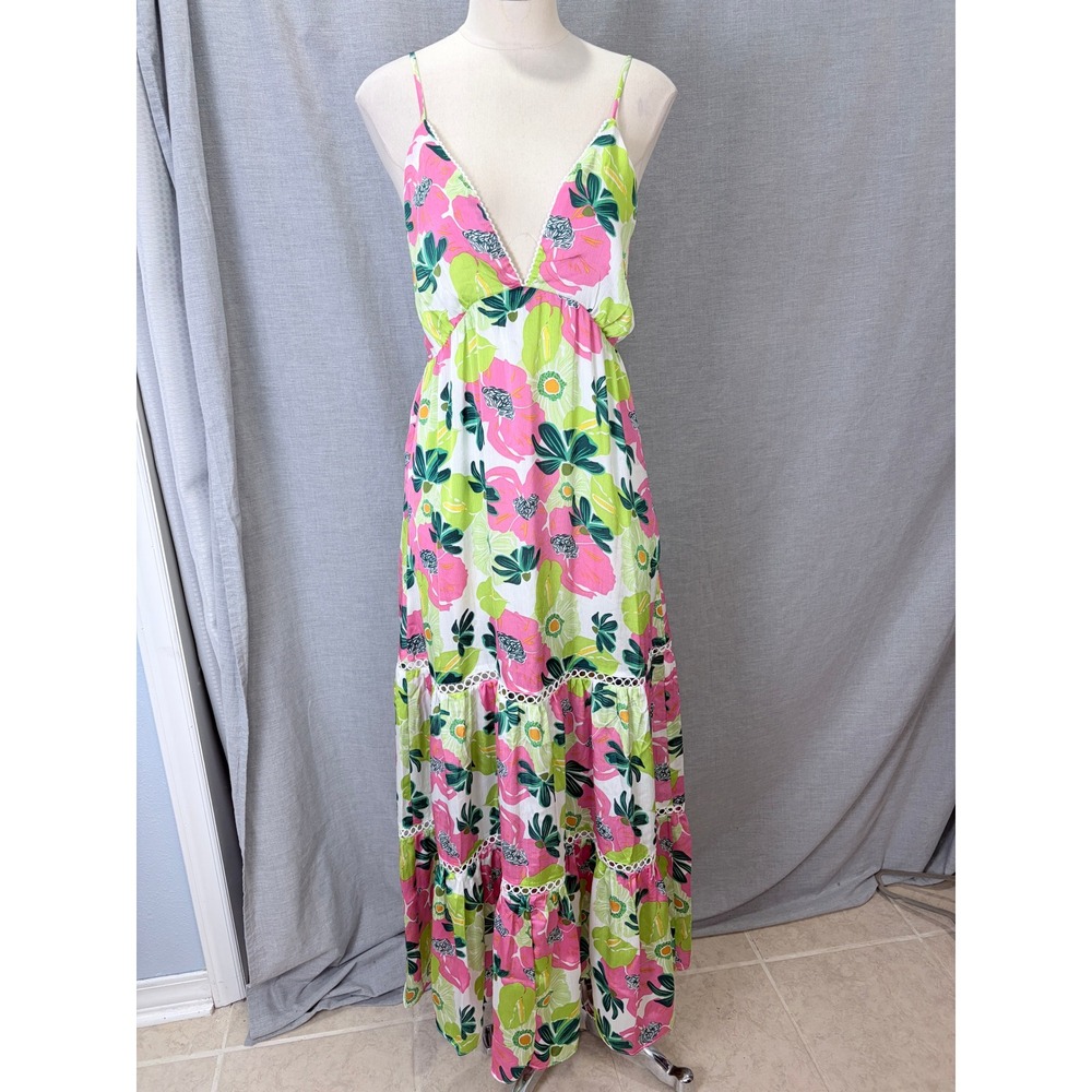 NWT Rubienn Maxi Dress L Pink Lime Green Floral Low Back Tiered Lace Trim Resort